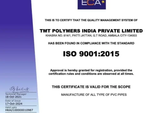 ISO 9001:2015 certificate for TMT Plus PVC pipe manufacturing
