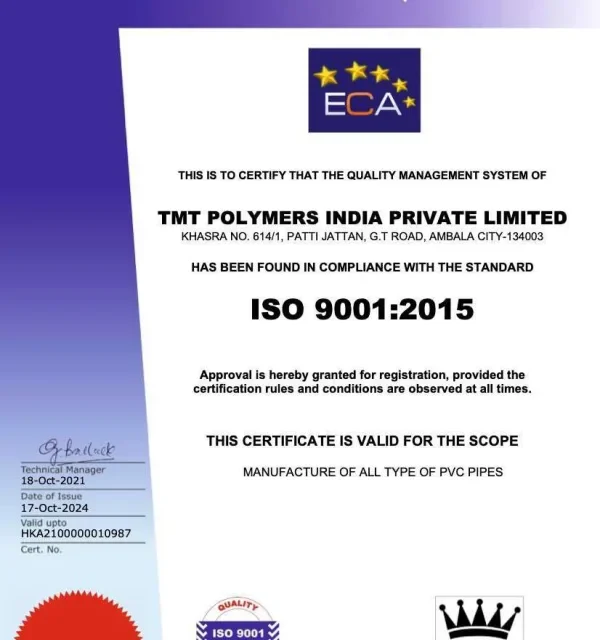 ISO 9001:2015 certificate for TMT Plus PVC pipe manufacturing